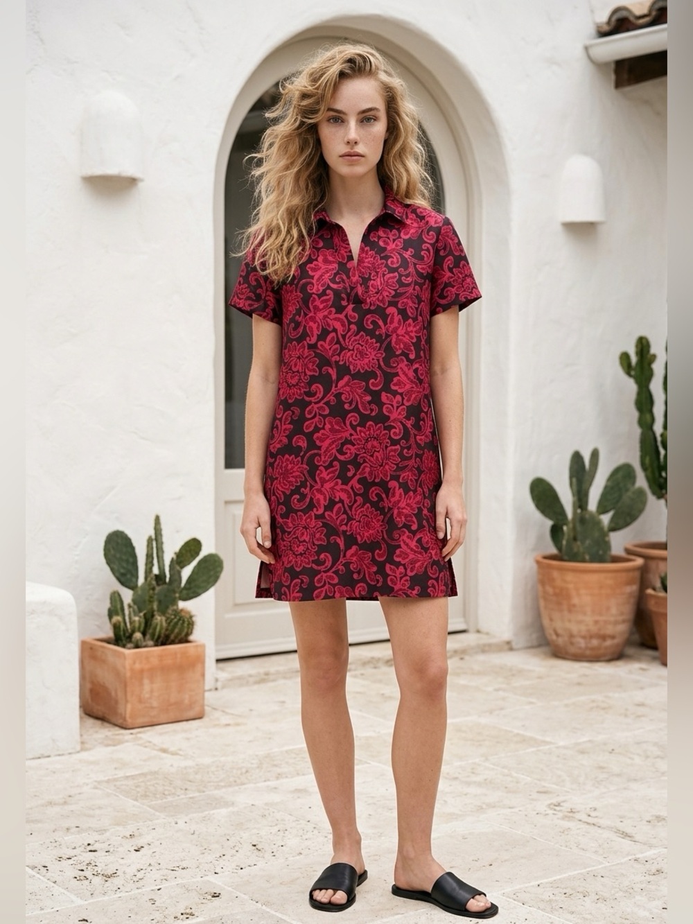 Preston & York Short Sleeve Floral Polo Dress in Burgundy and Black